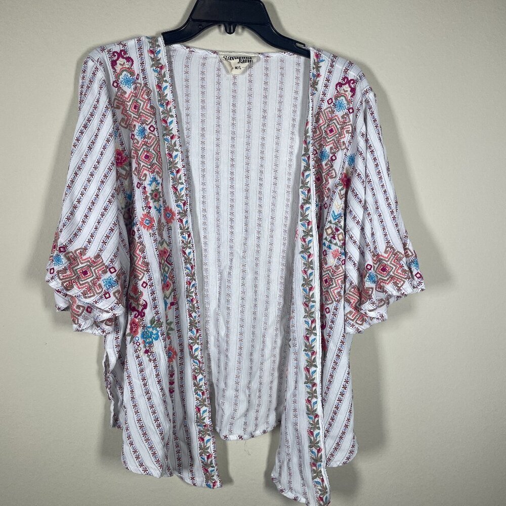 Savanna Jane Women's Short Bell Sleeve Open Kimono Embroidered Top M/L! Casual